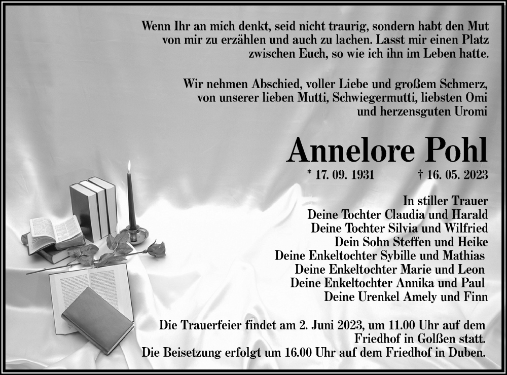  Traueranzeige für Annelore Pohl vom 27.05.2023 aus Lausitzer Rundschau