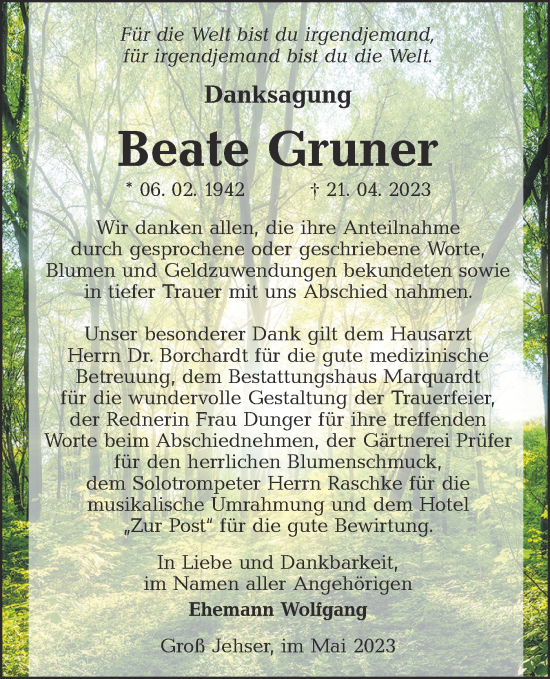 Traueranzeige von Beate Gruner von Lausitzer Rundschau