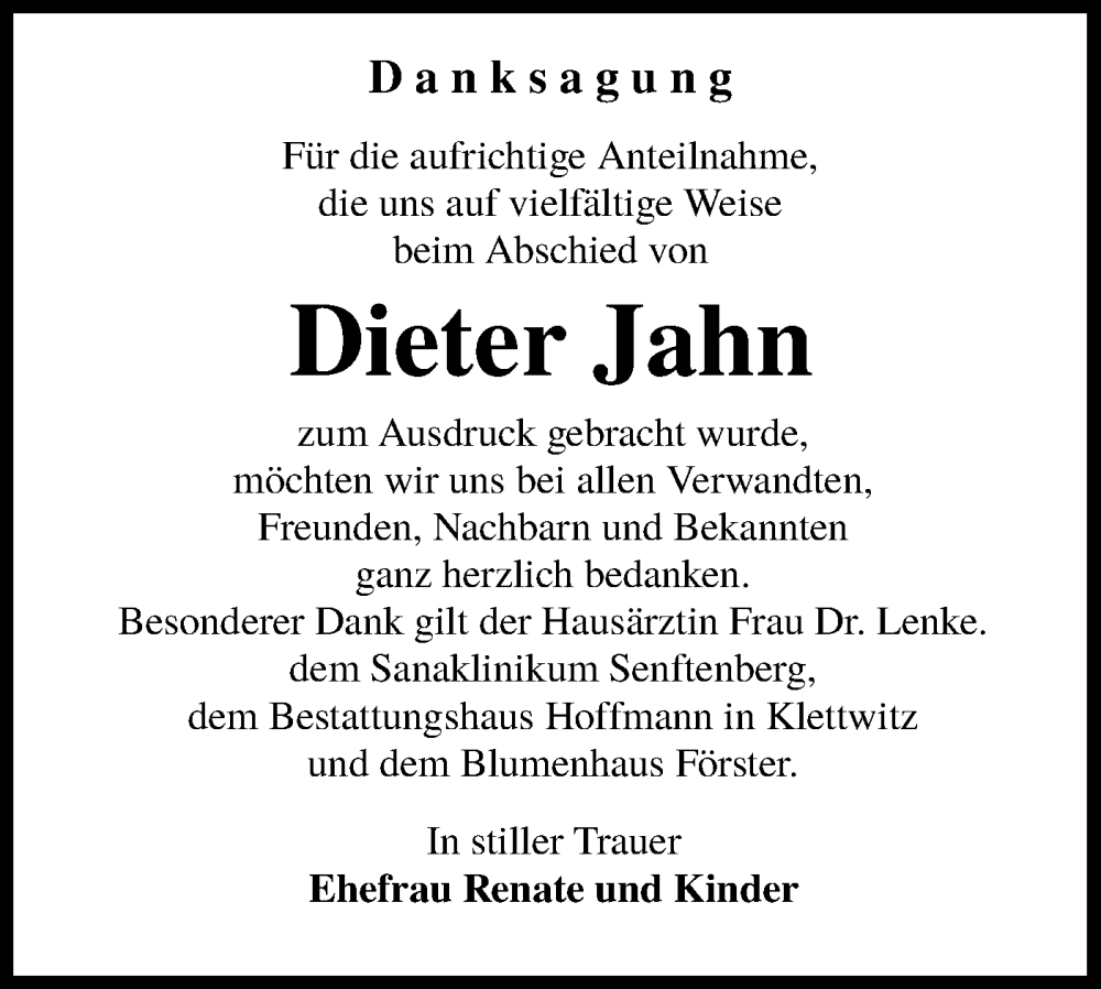  Traueranzeige für Dieter Jahn vom 27.05.2023 aus Lausitzer Rundschau