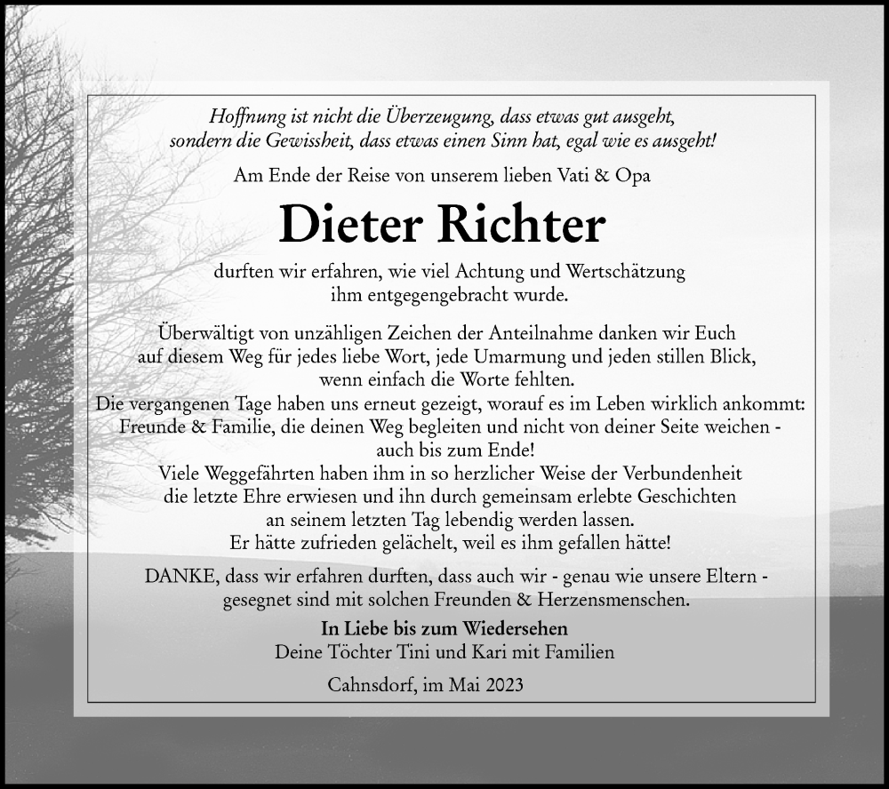  Traueranzeige für Dieter Richter vom 27.05.2023 aus Lausitzer Rundschau