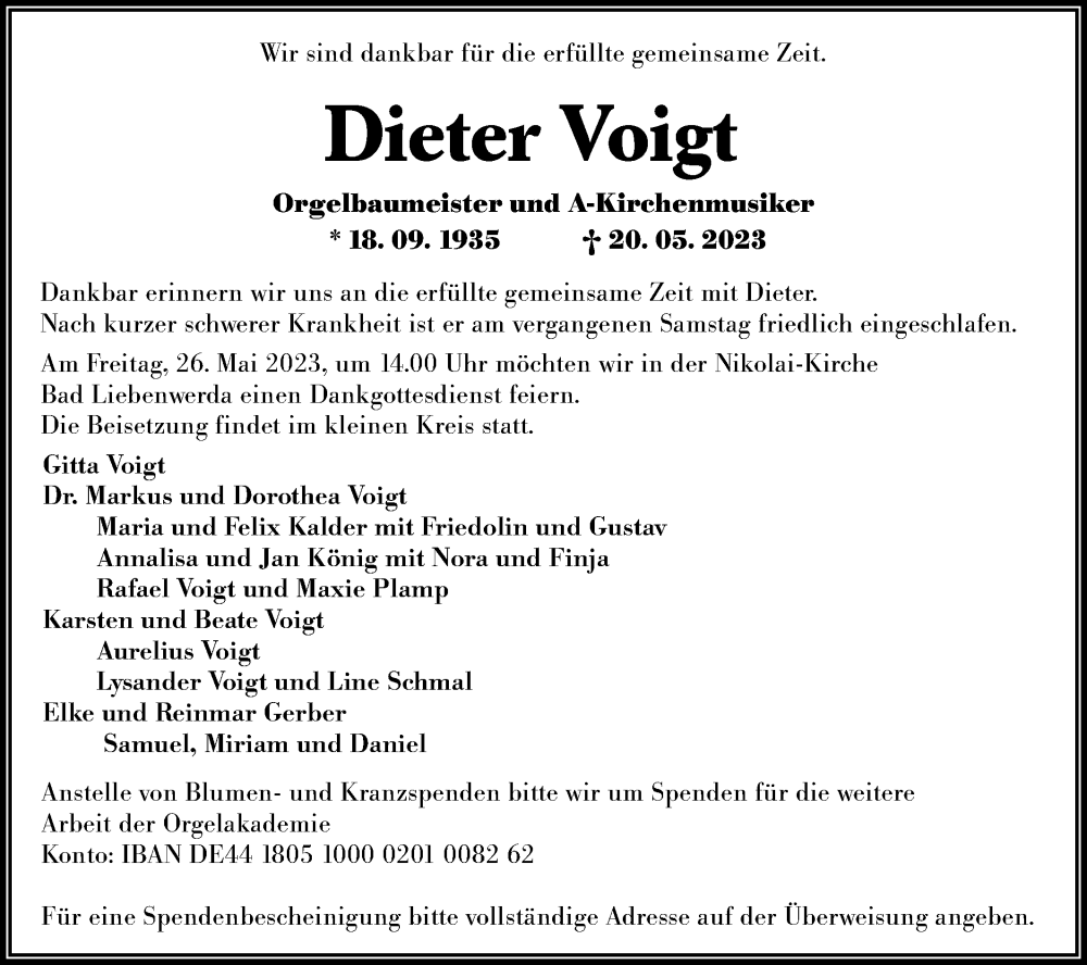  Traueranzeige für Dieter Voigt vom 24.05.2023 aus Lausitzer Rundschau