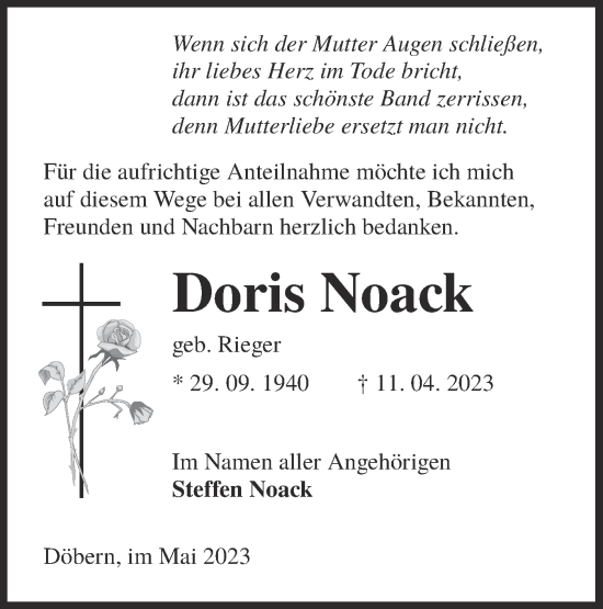 Traueranzeige von Doris Noack von Lausitzer Rundschau