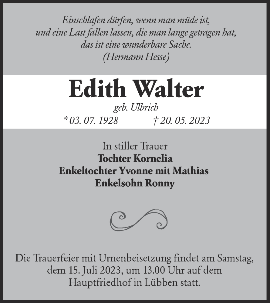  Traueranzeige für Edith Walter vom 27.05.2023 aus Lausitzer Rundschau
