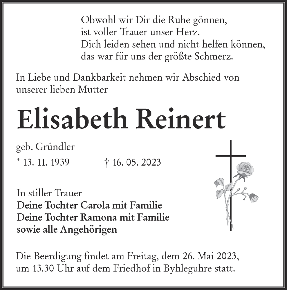  Traueranzeige für Elisabeth Reinert vom 25.05.2023 aus Lausitzer Rundschau