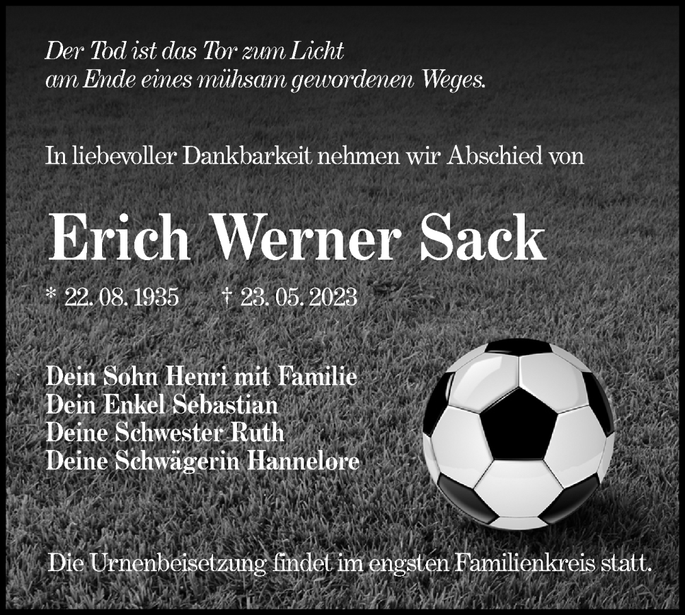  Traueranzeige für Erich Werner Sack vom 27.05.2023 aus Lausitzer Rundschau