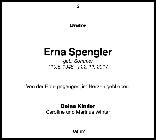 Traueranzeige von Erna Spengler von Lausitzer Rundschau