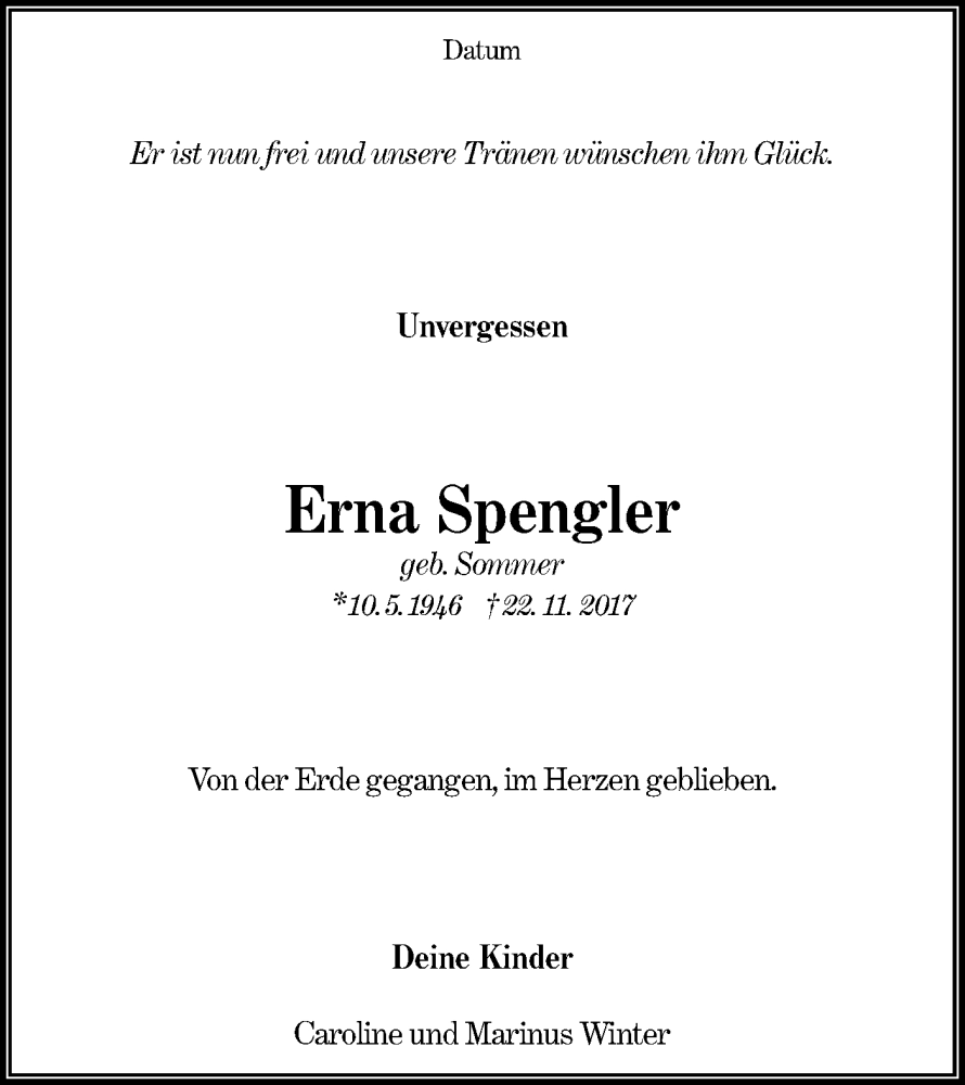  Traueranzeige für Erna Spengler vom 14.01.2023 aus Lausitzer Rundschau