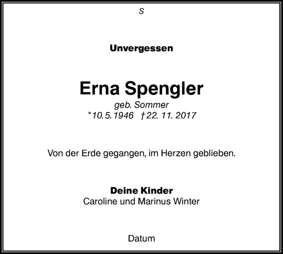 Traueranzeige von Erna Spengler von Lausitzer Rundschau