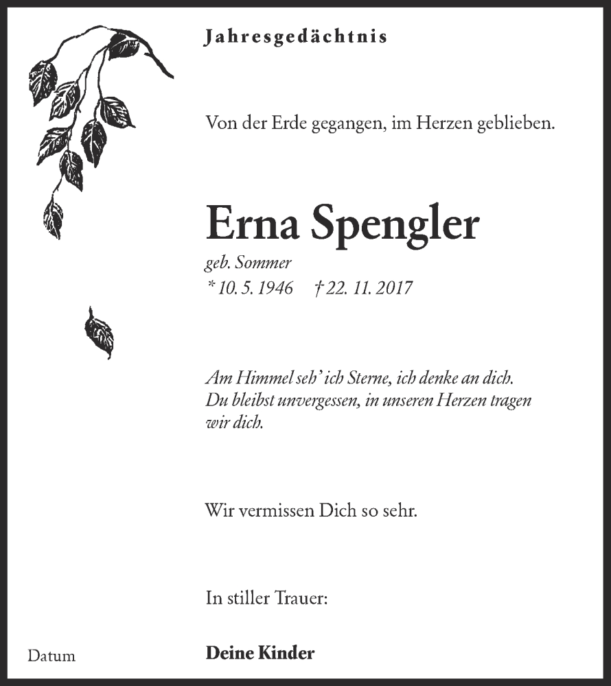  Traueranzeige für Erna Spengler vom 14.01.2023 aus Lausitzer Rundschau