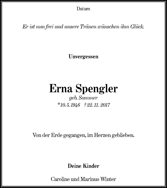 Traueranzeige von Erna Spengler von Lausitzer Rundschau