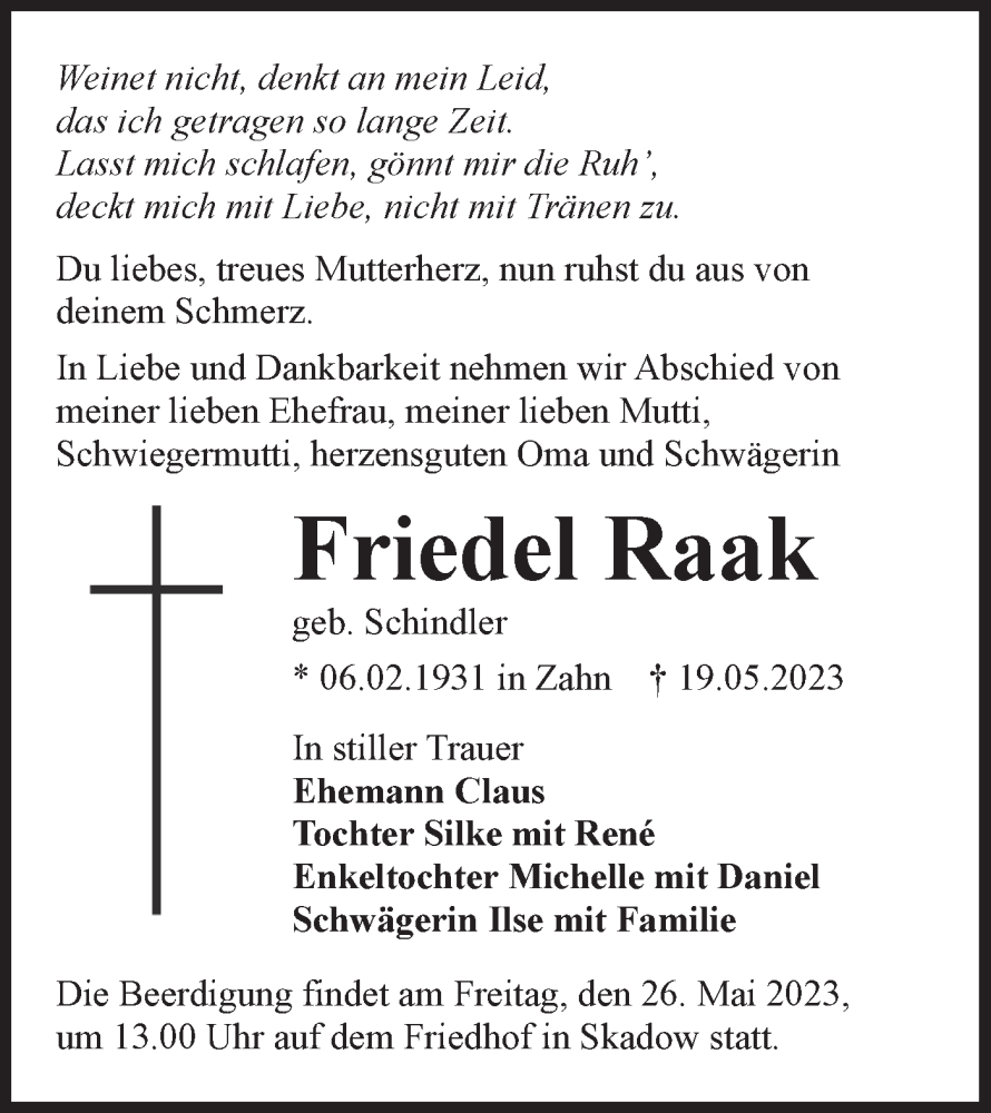  Traueranzeige für Friedel Raak vom 23.05.2023 aus Lausitzer Rundschau