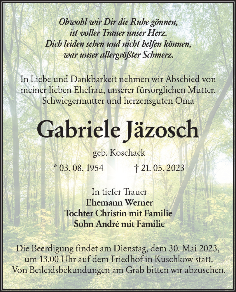  Traueranzeige für Gabriele Jäzosch vom 26.05.2023 aus Lausitzer Rundschau