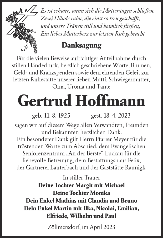  Traueranzeige für Gertrud Hoffmann vom 06.05.2023 aus Lausitzer Rundschau