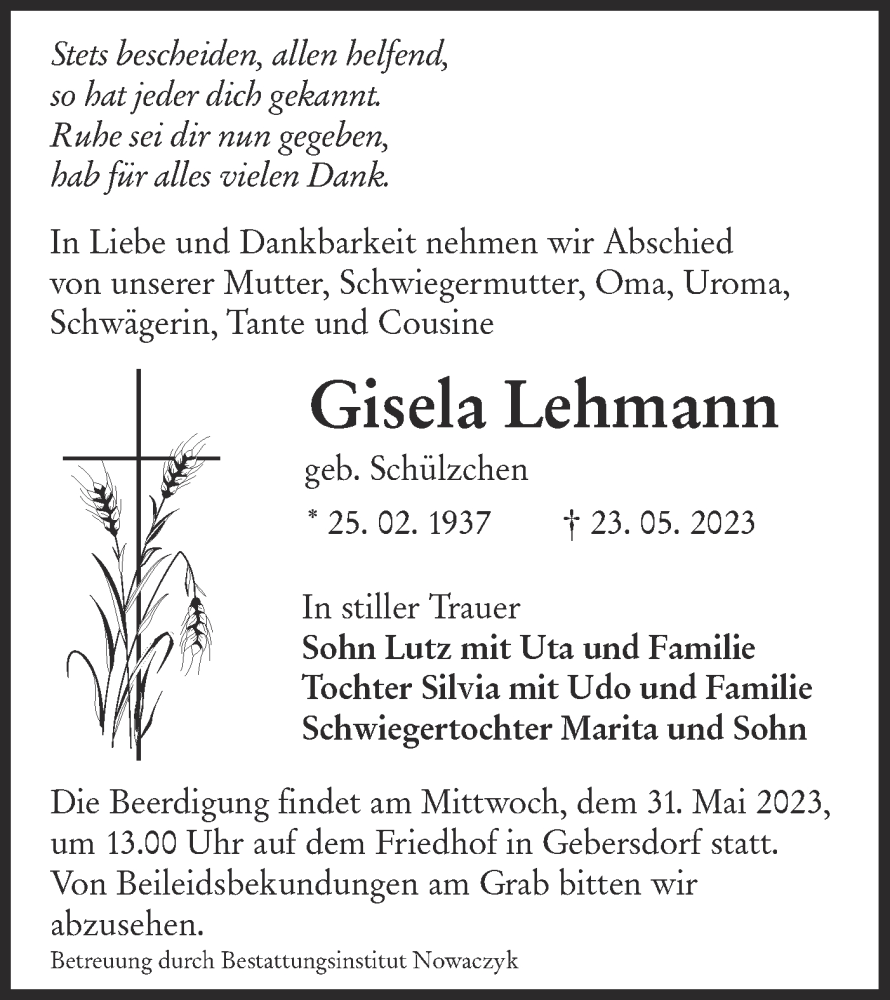  Traueranzeige für Gisela Lehmann vom 27.05.2023 aus Lausitzer Rundschau