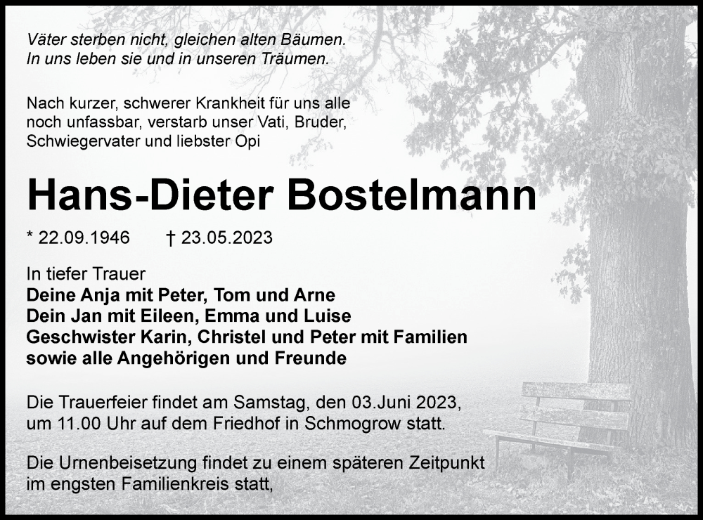  Traueranzeige für Hans-Dieter Bostelmann vom 27.05.2023 aus Lausitzer Rundschau