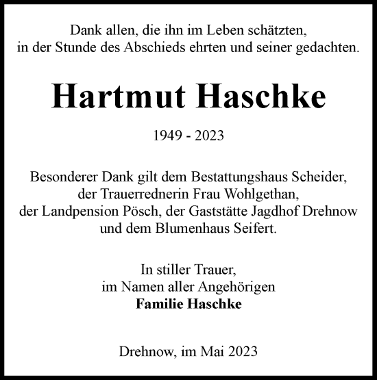 Traueranzeige von Hartmut Haschke von Lausitzer Rundschau