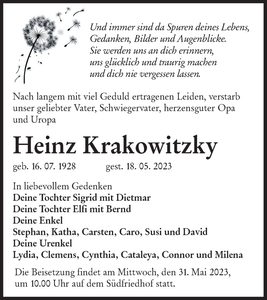  Traueranzeige für Heinz Krakowitzky vom 27.05.2023 aus Lausitzer Rundschau
