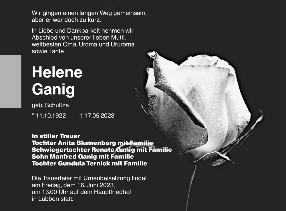  Traueranzeige für Helene Ganig vom 27.05.2023 aus Lausitzer Rundschau
