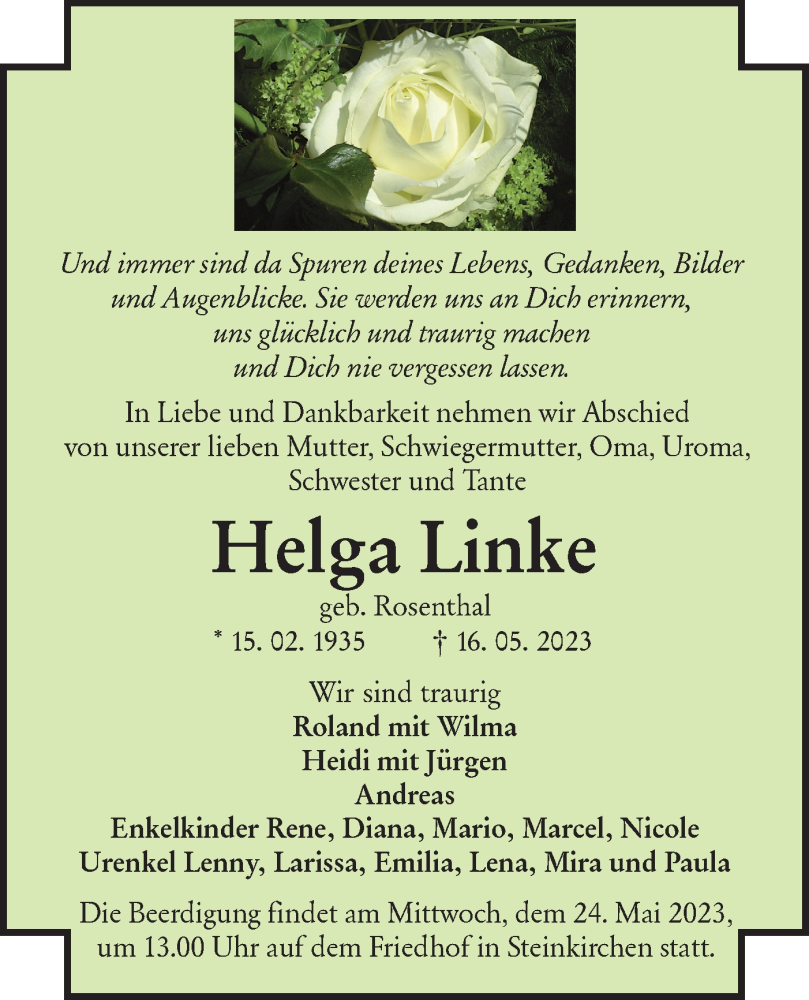  Traueranzeige für Helga Linke vom 20.05.2023 aus Lausitzer Rundschau