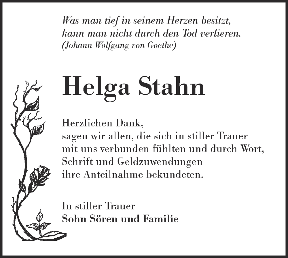  Traueranzeige für Helga Stahn vom 27.05.2023 aus Lausitzer Rundschau