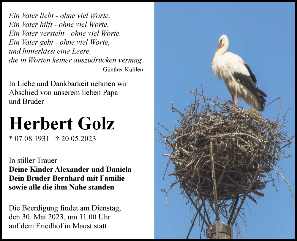  Traueranzeige für Herbert Golz vom 25.05.2023 aus Lausitzer Rundschau