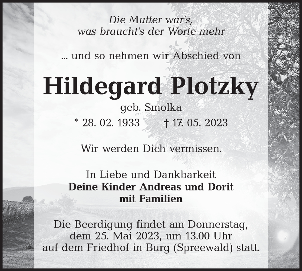  Traueranzeige für Hildegard Plotzky vom 23.05.2023 aus Lausitzer Rundschau