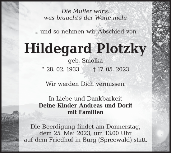 Traueranzeige von Hildegard Plotzky von Lausitzer Rundschau