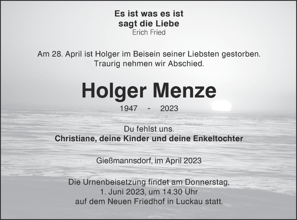  Traueranzeige für Holger Menze vom 06.05.2023 aus Lausitzer Rundschau
