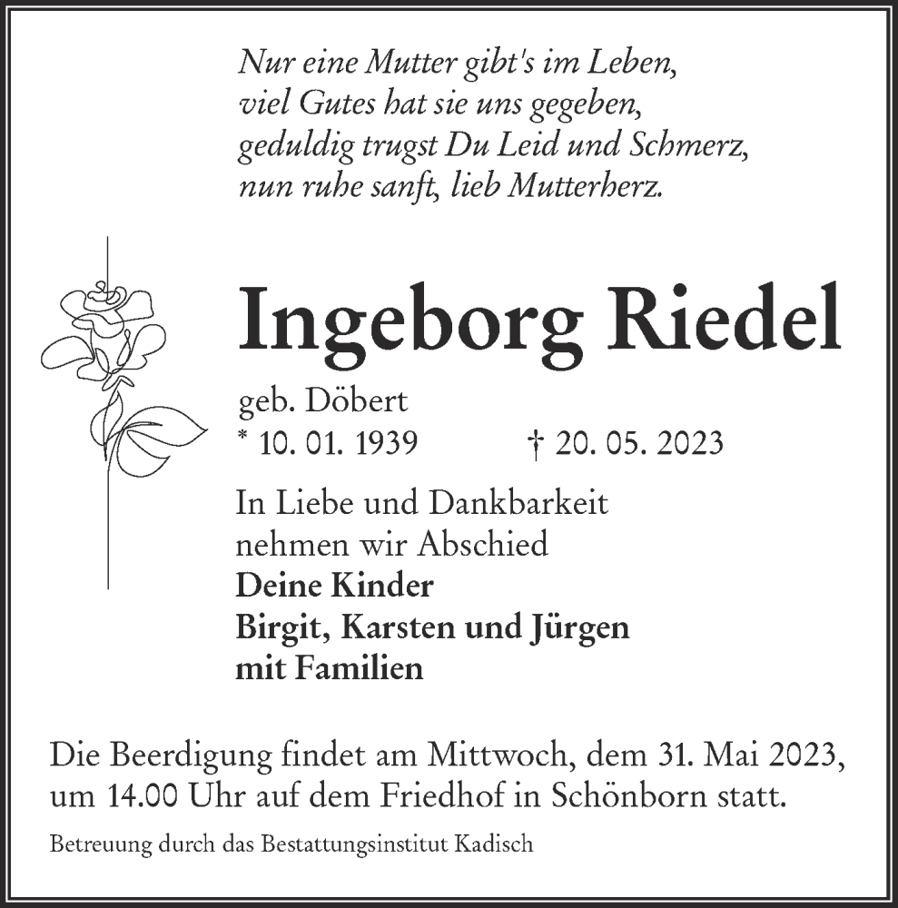  Traueranzeige für Ingeborg Riedel vom 25.05.2023 aus Lausitzer Rundschau