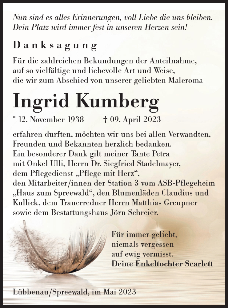  Traueranzeige für Ingrid Kumberg vom 27.05.2023 aus Lausitzer Rundschau