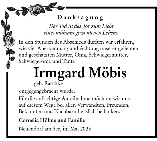 Traueranzeige von Irmgard Möbis von Lausitzer Rundschau