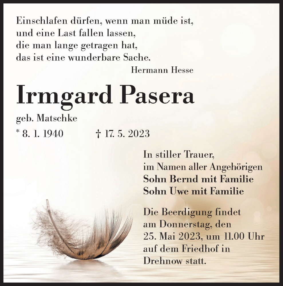 Traueranzeige für Irmgard Pasera vom 20.05.2023 aus Lausitzer Rundschau