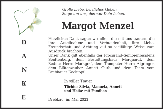 Traueranzeige von Margot Menzel von Lausitzer Rundschau