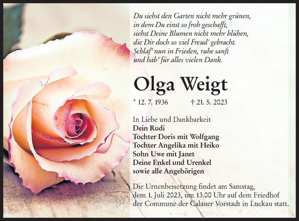  Traueranzeige für Olga Weigt vom 27.05.2023 aus Lausitzer Rundschau