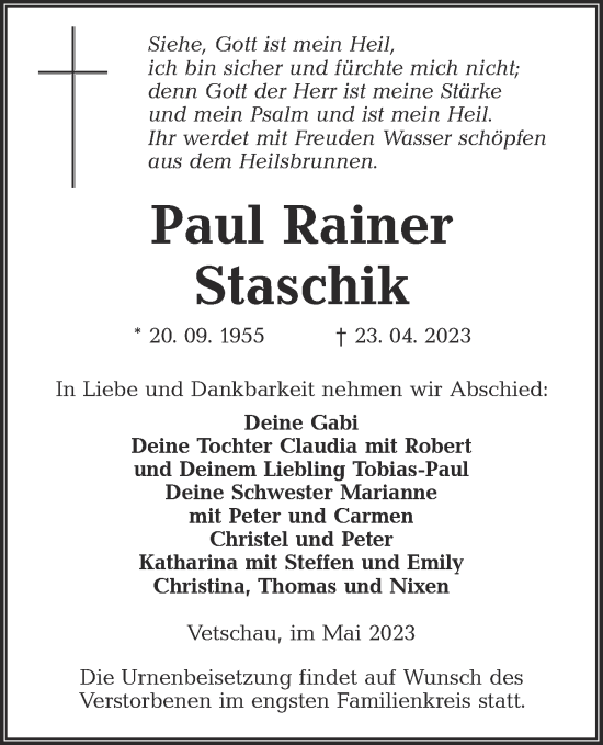 Traueranzeige von Paul Rainer Staschik von Lausitzer Rundschau