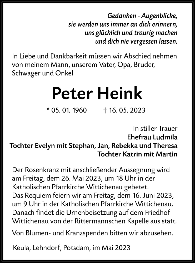  Traueranzeige für Peter Heink vom 25.05.2023 aus Lausitzer Rundschau