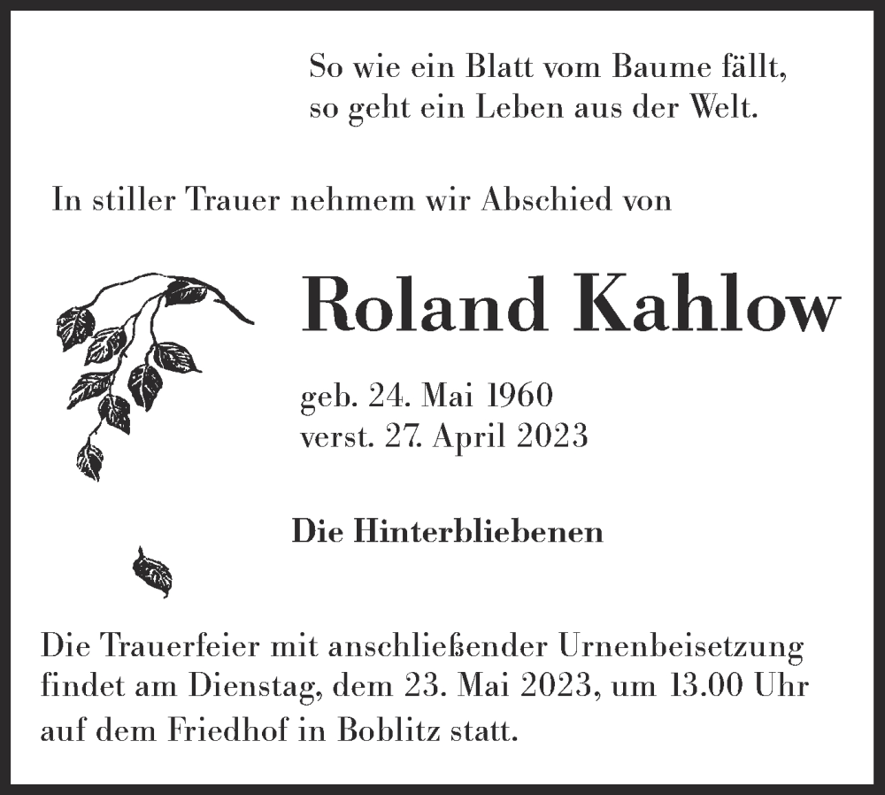  Traueranzeige für Roland Kahlow vom 13.05.2023 aus Lausitzer Rundschau