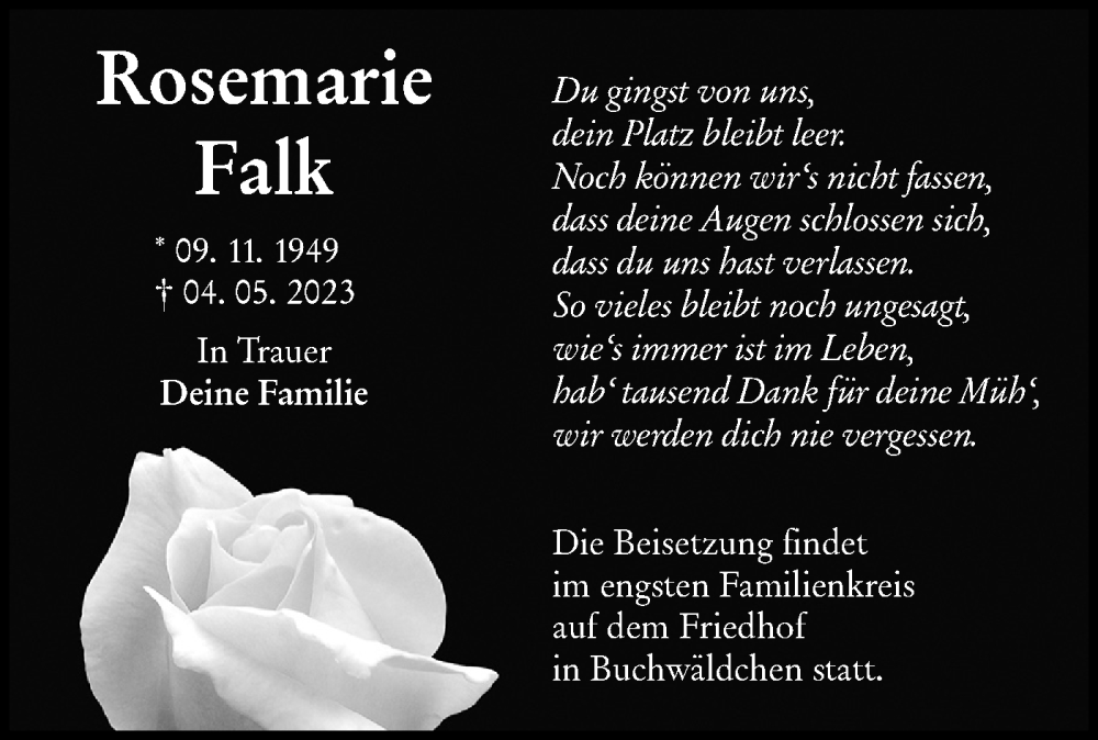  Traueranzeige für Rosemarie Falk vom 13.05.2023 aus Lausitzer Rundschau