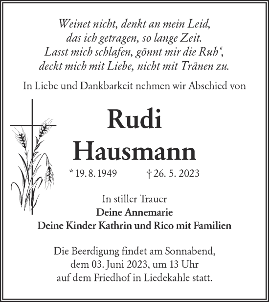 Traueranzeige von Rudi Hausmann von Lausitzer Rundschau