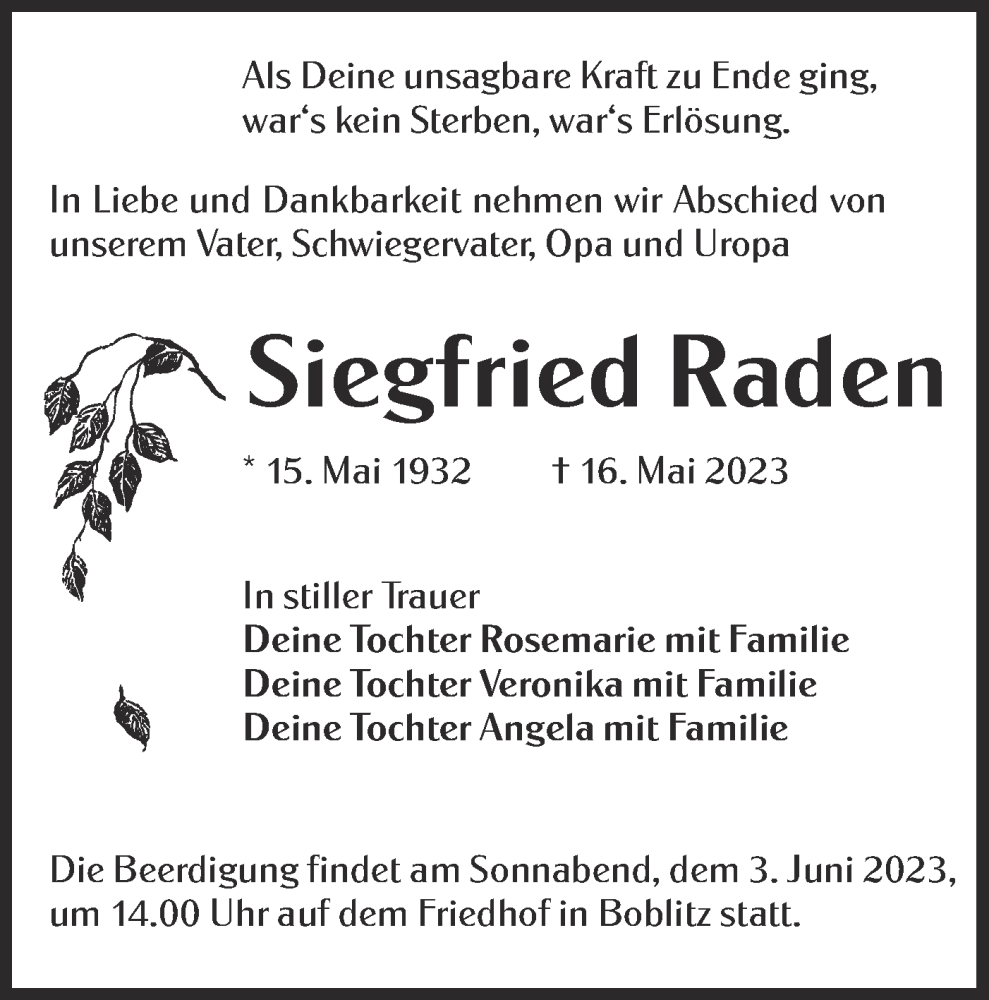  Traueranzeige für Siegfried Raden vom 27.05.2023 aus Lausitzer Rundschau