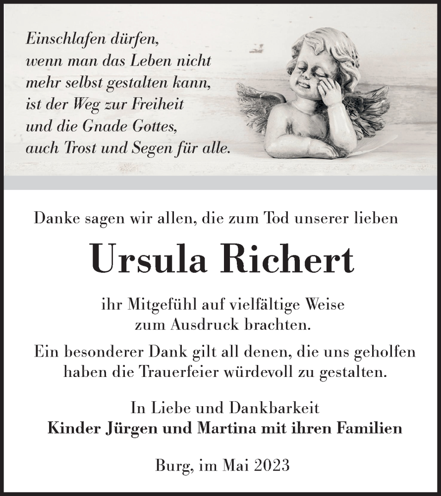  Traueranzeige für Ursula Richert vom 27.05.2023 aus Lausitzer Rundschau
