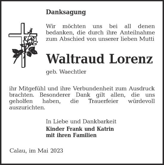 Traueranzeige von Waltraud Lorenz von Lausitzer Rundschau