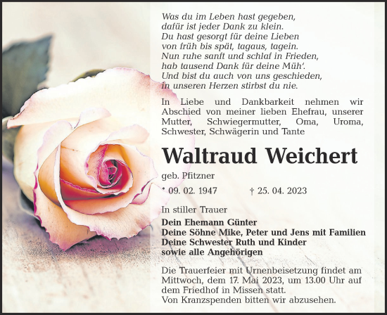 Traueranzeige von Waltraud Weichert von Lausitzer Rundschau