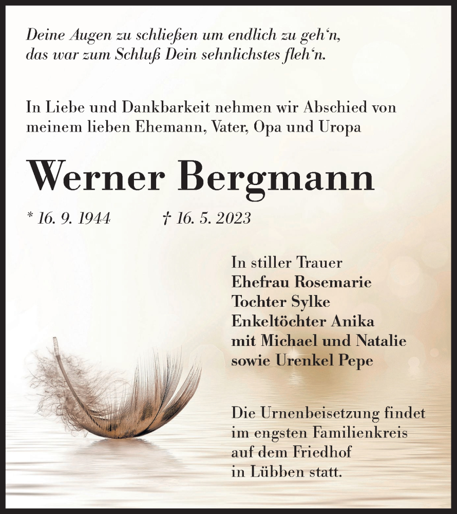  Traueranzeige für Werner Bergmann vom 27.05.2023 aus Lausitzer Rundschau