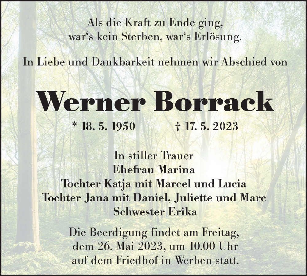  Traueranzeige für Werner Borrack vom 23.05.2023 aus Lausitzer Rundschau