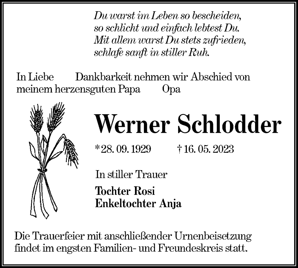  Traueranzeige für Werner Schlodder vom 27.05.2023 aus Lausitzer Rundschau