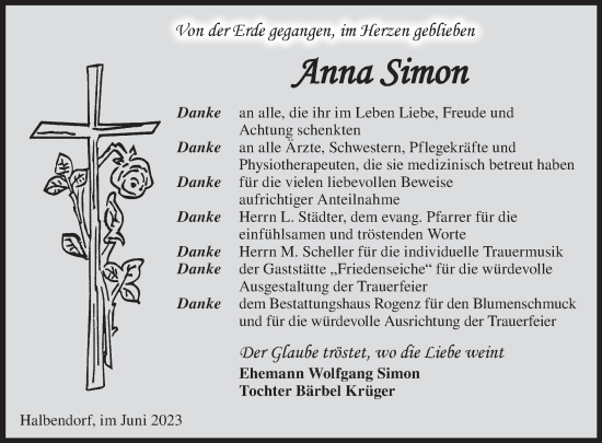 Traueranzeige von Anna Simon von Lausitzer Rundschau
