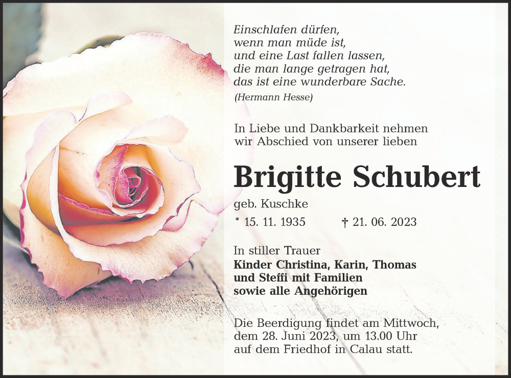  Traueranzeige für Brigitte Schubert vom 24.06.2023 aus Lausitzer Rundschau