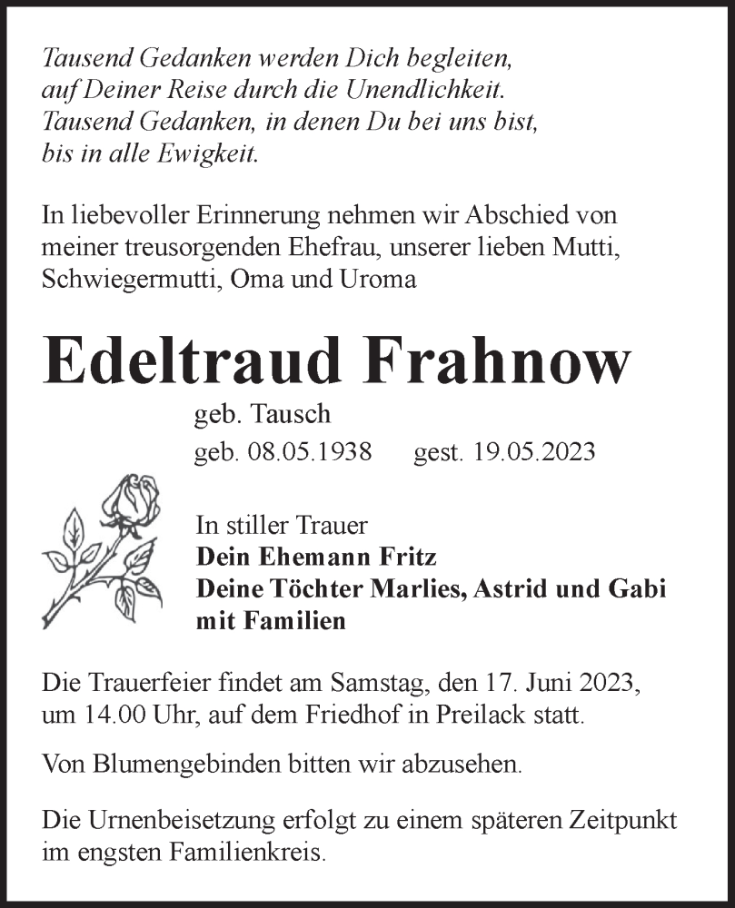  Traueranzeige für Edeltraud Frahnow vom 03.06.2023 aus Lausitzer Rundschau