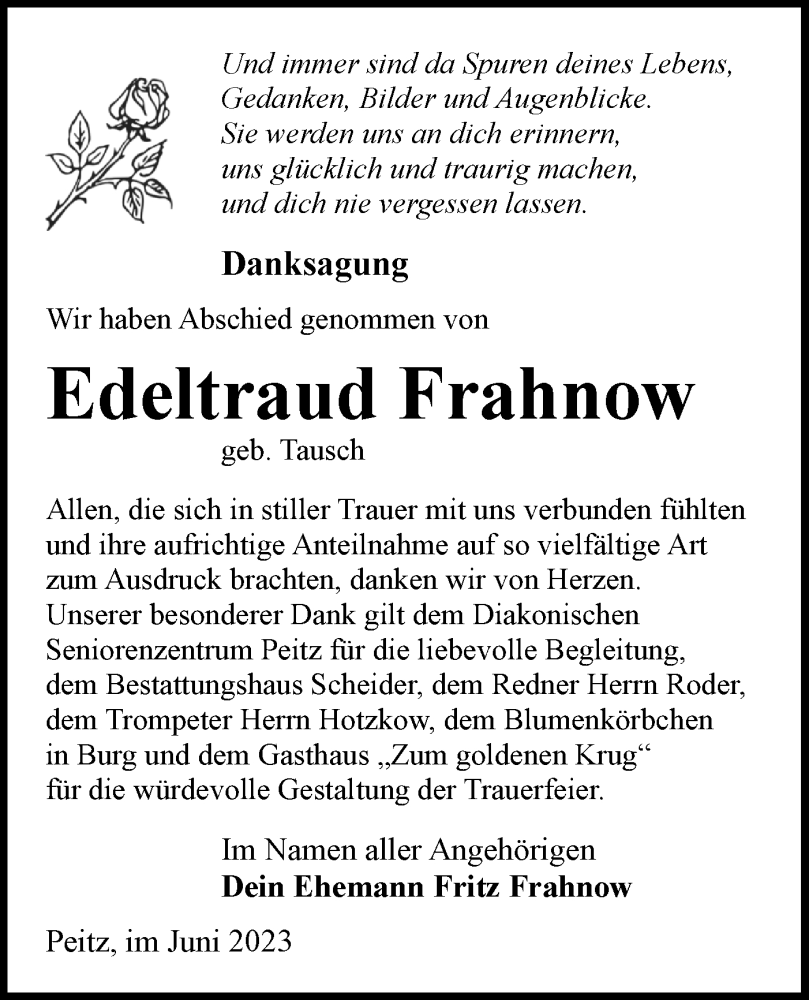  Traueranzeige für Edeltraud Frahnow vom 24.06.2023 aus Lausitzer Rundschau